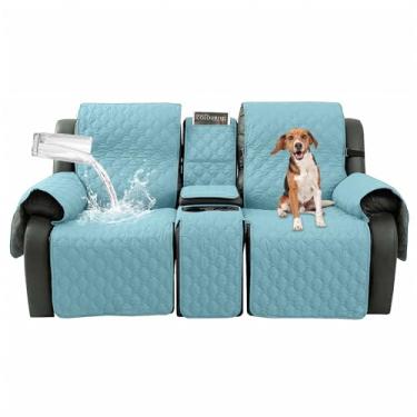 Imagem de Taque Capa reclinável Loveseat com console central, capa 100% impermeável para poltrona dupla com design de tiras, capas de sofá reclináveis divididas para móveis e protetor infantil (azul acinzentado