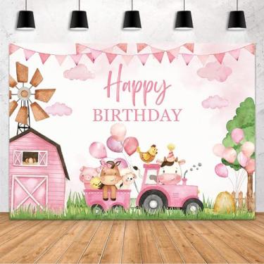 Imagem de MEHOFOND Aniamls de fazenda, cenário de feliz aniversário para meninas, celeiro, decoração de festa de aniversário, faixa com desenho animado, animais de fazenda, nuvens, tema de fazenda, artigos de