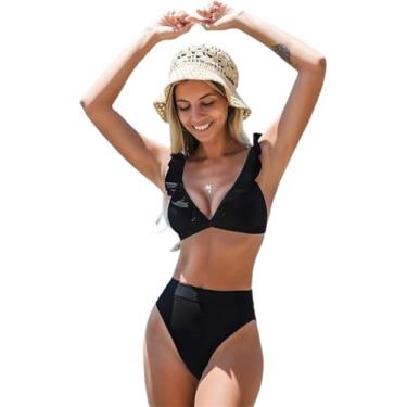 Imagem de Conjuntos De Biquíni De Cintura Alta Com Babados Com Decote Em V Maiô Feminino Sexy Sólido Duas Peças Swimwear Praia Maiôs, Black, L