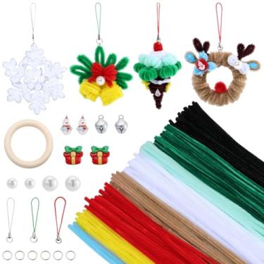 Imagem de SUNNYCLUE 126 peças de limpeza de cachimbos artesanais de limpeza de cachimbo de Natal com tutorial em vídeo hastes de chenille sinos boneco de neve caixa de presente cabochão mini enfeites de árvore