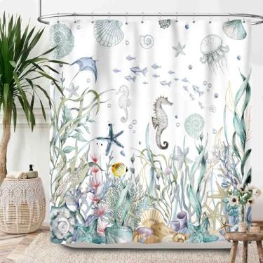 Imagem de Lnepty Cortinas de chuveiro náuticas para praia, cavalo-marinho costeiro, animal submarino, azul, verde, oceano, coral, verão, praia, tema cortina de banheiro, tecido impermeável, lavável na máquina