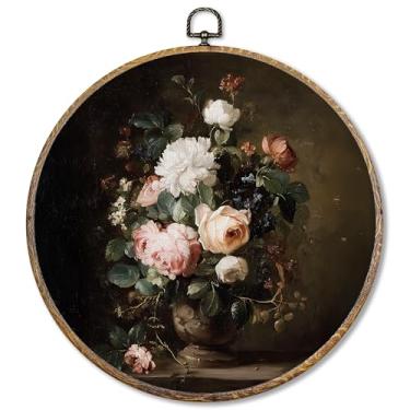 Imagem de Pugwak Decoração de parede redonda floral vintage, arte em tela floral botânica Dark Academia emoldurada, arte rústica com flores temperamentais, decoração para pendurar na parede para casa, quarto