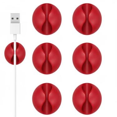 Imagem de Suporte de cabo, clipes de cabo, 6 peças, organizador de cabos adesivos vermelhos, suporte de carregador para mesa de cabeceira, mesa, escritório ou mouse