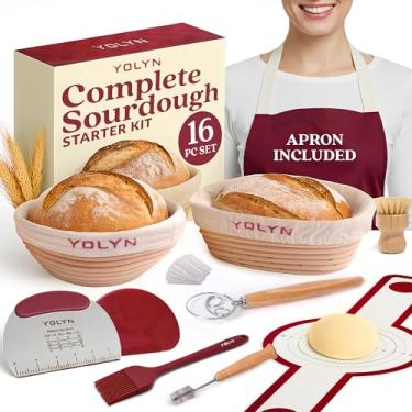 Imagem de YOLYN Banneton Conjunto de cesta de teste de pão, conjunto completo para iniciantes de fermento com cestas de teste de pão Banneton, avental, raspador de tigela e acessórios para assar massa