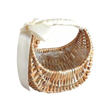Imagem de Wswqop Cesto de flores de vime, cesto de armazenamento trançado, estilo boho, suporte para flores pequeno, rústico, elegante e portátil com alça de fita para