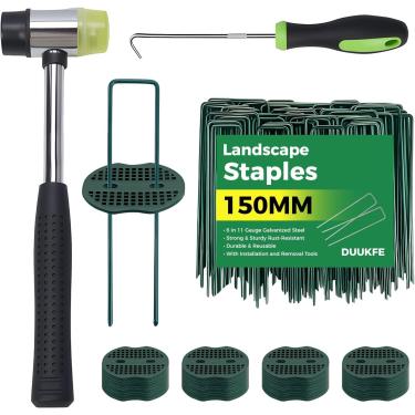 Imagem de 150 peças de estacas de grama artificial verde de 15 cm + 150 peças de arruelas + gancho de palheta + martelo de borracha, grampos de paisagem de calibre 11 galvanizados, pinos de gramado para quintal