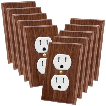 Imagem de Pinkunn 10 peças de placa de interruptor de luz de madeira maciça capas de tomada placa de parede decorativa de madeira de bambu para casa quarto cozinha (marrom escuro, orifício duplo)