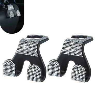 Imagem de Shakas 2 peças de ganchos brilhantes para encosto de cabeça para assento de carro, ganchos duplos de armazenamento para mochilas, guarda-chuvas, sacolas de compras, decoração de diamante brilhante