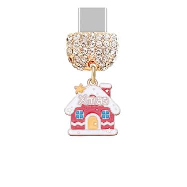 Imagem de ELISE & FONDA TP992 Tipo-C porta de carregamento cristal plugue antipoeira pequena casa de Natal com pingente de celular de neve e estrela para iPhone 15/16/Samsung/OnePlus/Xiaomi/oppo telefones