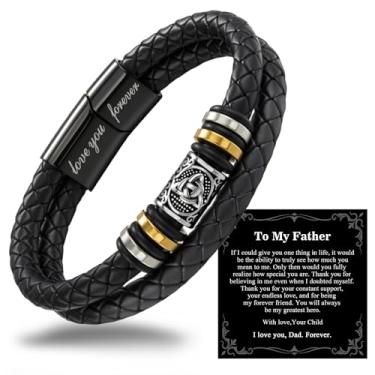 Imagem de Alissl Pulseira de couro premium para homens, fileira dupla trançada preta ajustável de aço inoxidável com fecho gravado "Love You Forever", vem com cartão de mensagem e caixa de presente, presente