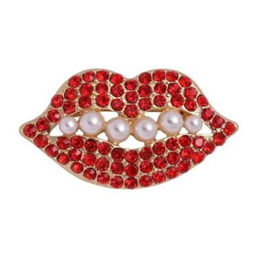 Imagem de Dreuyet Broche de lábios vermelhos sexy para mulheres strass cristal gestos silenciosos broches elegantes beijo boca lapela alfinetes roupas acessórios vestido joias presente amante, Middle, Liga de