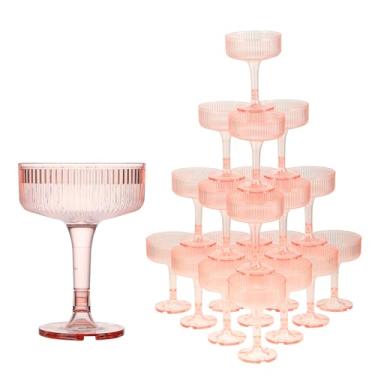 Imagem de Goodluck Torre de champanhe de 4 camadas - 20 peças de taças de champanhe de plástico rosa de 200 ml, formato de borboleta com listras verticais para casamentos, celebrações, festas e aniversários