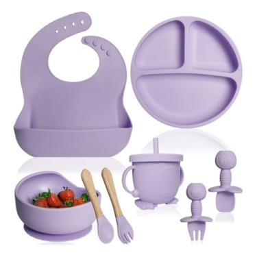 Imagem de Kit Introdução Alimentar Bebê 8 Peças – Silicone Alimentar Premium Atóxico Livre de BPA – Prato com Ventosa, Bowl, Babador Coletor, Copo Antivazamento, Talheres BLW Seguros (Lilás)