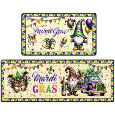 Imagem de InIsaJace Tapetes de cozinha Happy Mardi Gras, 2 peças de tapetes de cozinha antiderrapantes, tapetes decorativos de gnomo roxo e carnaval de caminhão para decoração de casa (40 x 71 x 47 cm)