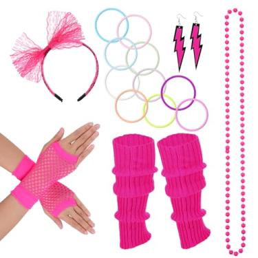 Imagem de Wanmu Acessórios para fantasias extravagantes dos anos 80, faixa de cabeça feminina para festa dos anos 1980, luvas arrastão, colar, pulseira, polainas, rosa, One Size
