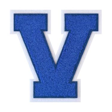 Imagem de 1 Patch de letra de chenille azul de 11,4 cm com borda branca – Adesivos do alfabeto para roupas, jaquetas, mochilas, chapéus para decoração personalizada, nome personalizado e artesanato. (V)
