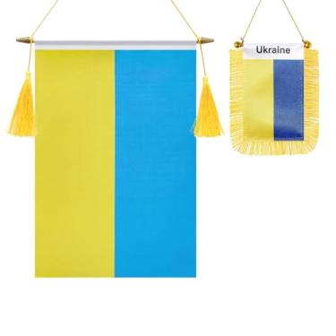 Imagem de Pacote com 2 bandeiras de parede da Ucrânia, mini bandeira ucraniana pendurada na janela do carro, acabamento acetinado, tecido resistente, bandeiras patrióticas para decoração de espelho retrovisor