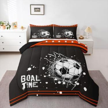 Imagem de Erosebridal Conjunto de edredom solteiro de futebol para meninos, gol de futebol, para quarto de adolescentes, geométrico, favo de mel, listrado, marrom sépia (Cincinnati)