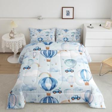 Imagem de Manfei Jogo de cama solteiro com balões de ar quente, desenho animado, transporte de carro, decoração de quarto de meninos e meninas, céu nuvens, arco-íris, edredom azul, 1 fronha