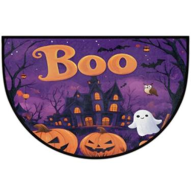 Imagem de Tapete de porta meio redondo, roxo, abóbora, Halloween, antiderrapante, absorvente, semicírculo, tapetes laváveis, meia lua, tapetes para ambientes internos, pátio, cozinha, banheiro, entrada, lareira