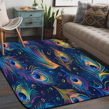 Imagem de Tapete de área para sala de estar, lavável à máquina, penas de pavão, estampa colorida, antiderrapante, tapete macio para sala de estar, quarto, sala de jantar, berçário, cozinha, decoração de casa