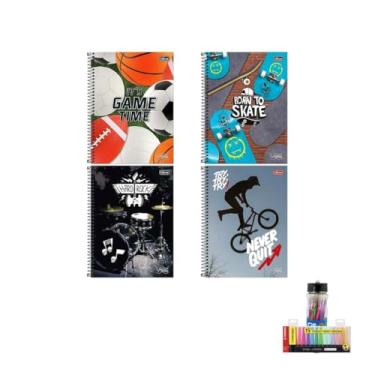 Imagem de Kit Caderno Universitário Vibe Masc 80 Folhas + Caneta Esferográfica Pote 24 Unidades + Marca Texto Boss 15 Cores