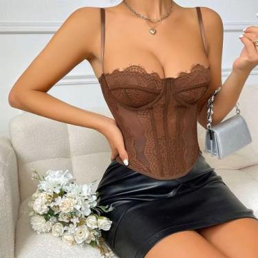 Imagem de Corset Cropped Bustier Top Slim Renda Transparente Sem Bojo Tamanho:L/