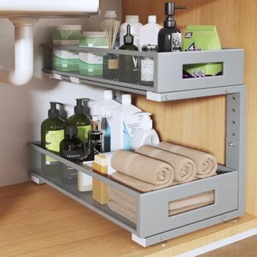 Imagem de Pacote com 1 organizador sob a pia de 48 cm de profundidade, organizador de armário de 2 camadas com trilho circular liso, gavetas deslizantes de malha metálica de grande capacidade para armazenamento