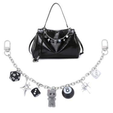 Imagem de LuneClat Pingente de corrente de bolsa para bolsa de mão - Y2K cinza gato 8 bolas dados quatro pontas, corrente decorativa de substituição gótica para bolsa de ombro transversal