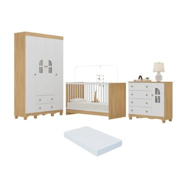 Imagem de Quarto De Bebê Completo Com Berço 3 Em 1 Colchão Incluso Aurora Multimóveis MP4568 Madeirado-branco