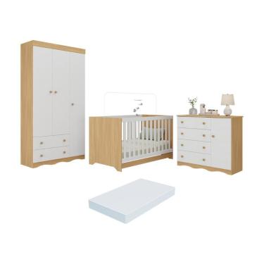 Imagem de Quarto De Bebê Completo Berço Americano 3 Em 1 Colchão Realeza Multimóveis MP4607 Madeirado-branco