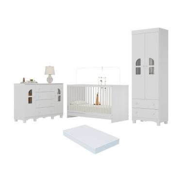 Imagem de Quarto De Bebê Completo Com Berço 3 Em 1 Com Colchão Incluso Aurora Multimóveis MP4580 Branco