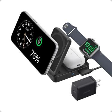 Imagem de Anker Estação de carregamento MagGo 3 em 1 para iPhone 16, suporte de carregador sem fio compatível com MagSafe, certificado Qi2, carregador dobrável de 15 W para iPhone 15/14, AirPods, Apple Watch 9