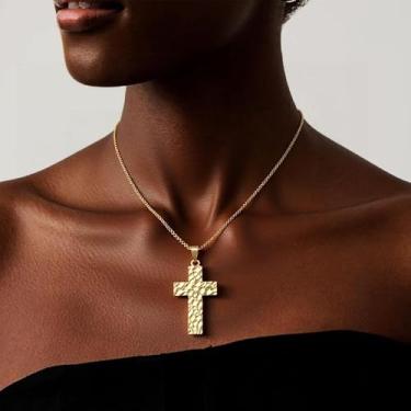 Imagem de Colar de cruz para mulheres, pingente de cruz de ouro grosso, joia de fé, presente cristão, Medium, Latão, Sem Pedra Preciosa