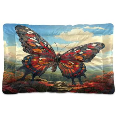 Imagem de Wassud Cama de borboleta vermelha para cães pequenos, lavável, impermeável, para viagem, tapete portátil para gatos com fundo antiderrapante para uso interno e dormir, 91 x 61 cm