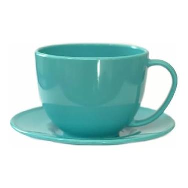 Imagem de KIT 6 XÍCARAS DE CHÁ ACRÍLICO 200 ML + 6 PIRES EM ACRÍLICO COZINHA CAFÉ BISCOITO CHOCOLATE CAPUCCINO (Azul menta)