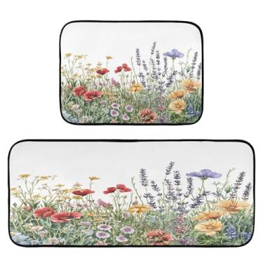 Imagem de STAYTOP Tapetes de cozinha de flores silvestres e borboletas, 2 peças, tapete de entrada frontal, antiderrapante, alivia a fadiga, lavável, tapete para cozinha, quarto, varanda