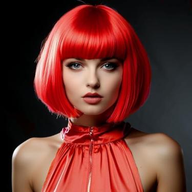 Imagem de Peruca bob curta de 25 cm com franja para mulheres, fantasia, cosplay, festa, aparência natural, macia, bob, peruca para festa de Halloween, vermelha, fantasia