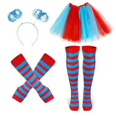 Imagem de Acessórios de fantasia de tutu azul para mulheres, meninas, faixa de cabeça de pompom, saia de tule, listras azuis e vermelhas, conjunto de meias para usar na semana espiritual, roupa de Halloween,