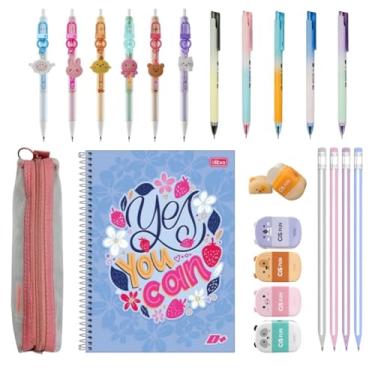 Imagem de Kit Escolar com 13 Itens Canetas Lapiseira Cores Conjunto Aluno Colorido Borracha Caderno Estojo