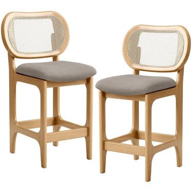 Imagem de Kit 2 Banquetas Baixa Bar Cozinha Sala De Jantar Betta L02 Mel Tela Linho Bege - Lyam Decor