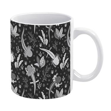 Imagem de Axolotls brancos sem costura, folhas de algas em copo de cerâmica branco escuro, caneca de chá de 325 ml, caneca de café, caneca de leite, copo de cerâmica de suco para escritórios domésticos café