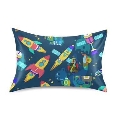 Imagem de King Queen Capas de almofada padrão desenho animado colorido foguete azul espaço cetim fronhas floral floral refrescante quarto estética tamanho king 101,6 cm x 50,8 cm