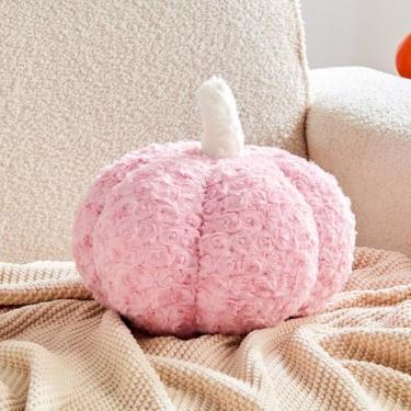 Imagem de Lfsaaj Travesseiros de abóbora, decoração de abóbora de Dia das Bruxas, lindas almofadas em forma de abóbora para presentes, 28 cm de pele sintética de coelho rosa empoeirado macio para decorações