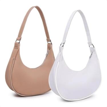 Imagem de Kit 2 Bolsas Meia Lua Feminina, Pequena, Material Sintético Macio, 20x24x4 cm, Casual Elegante, Alça de Ombro, Leve e Versátil (Nude/Branco)