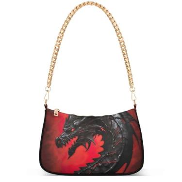 Imagem de Xray Flowers Bolsa moderna fantasia Hobo Party Clutch feminina designer bolsa de mão corrente pequena bolsa de ombro, Tinta vermelha dragão preto