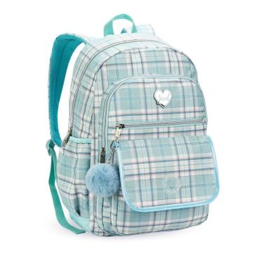 Imagem de Mochila Escolar Turquesa Volta as Aulas com Pompom Bolsos Fofa Colorida Bolso Frontal Lateral Aula