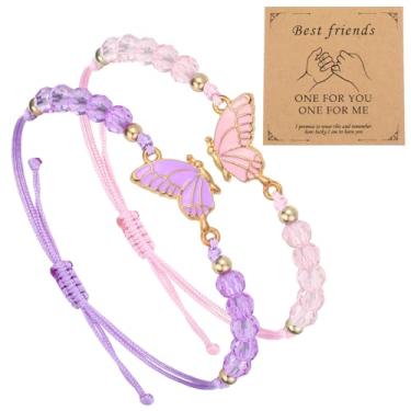 Imagem de Grevosea 2 pulseiras da amizade, pulseiras de borboleta combinando com fio ajustável, pulseiras para 2 melhores amigas, joias presentes para mulheres, casais amigos (rosa, roxo)
