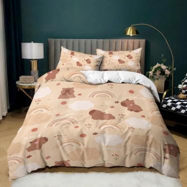 Imagem de AILONEN Lindo conjunto de capa de edredom capivara para decoração de quarto de meninas e meninos, conjunto de cama infantil com tema animal kawaii para todas as estações, capa de colcha de flores