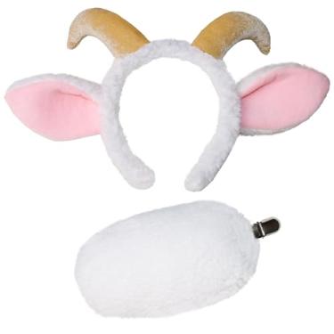 Imagem de Goat Ears Headband with Ram Horns and Tail, Furry Goat Costume Accessory. (White)